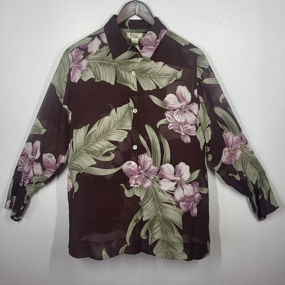 Tommy Bahama Tropical Floral 100% Silk Long Sleeve Sheer Button Down Shirt - Picture 1 of 13
